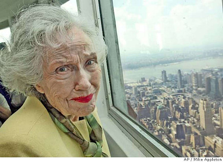 Fay Wray on the observation desk of the Empire State Building, 15 May 2004.